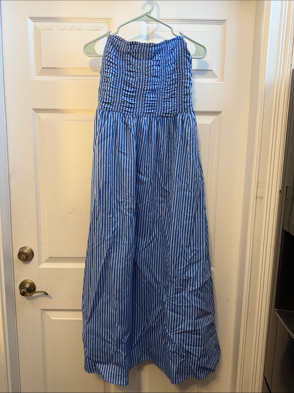 Moon River Light Blue and White Striped Smocked Dress